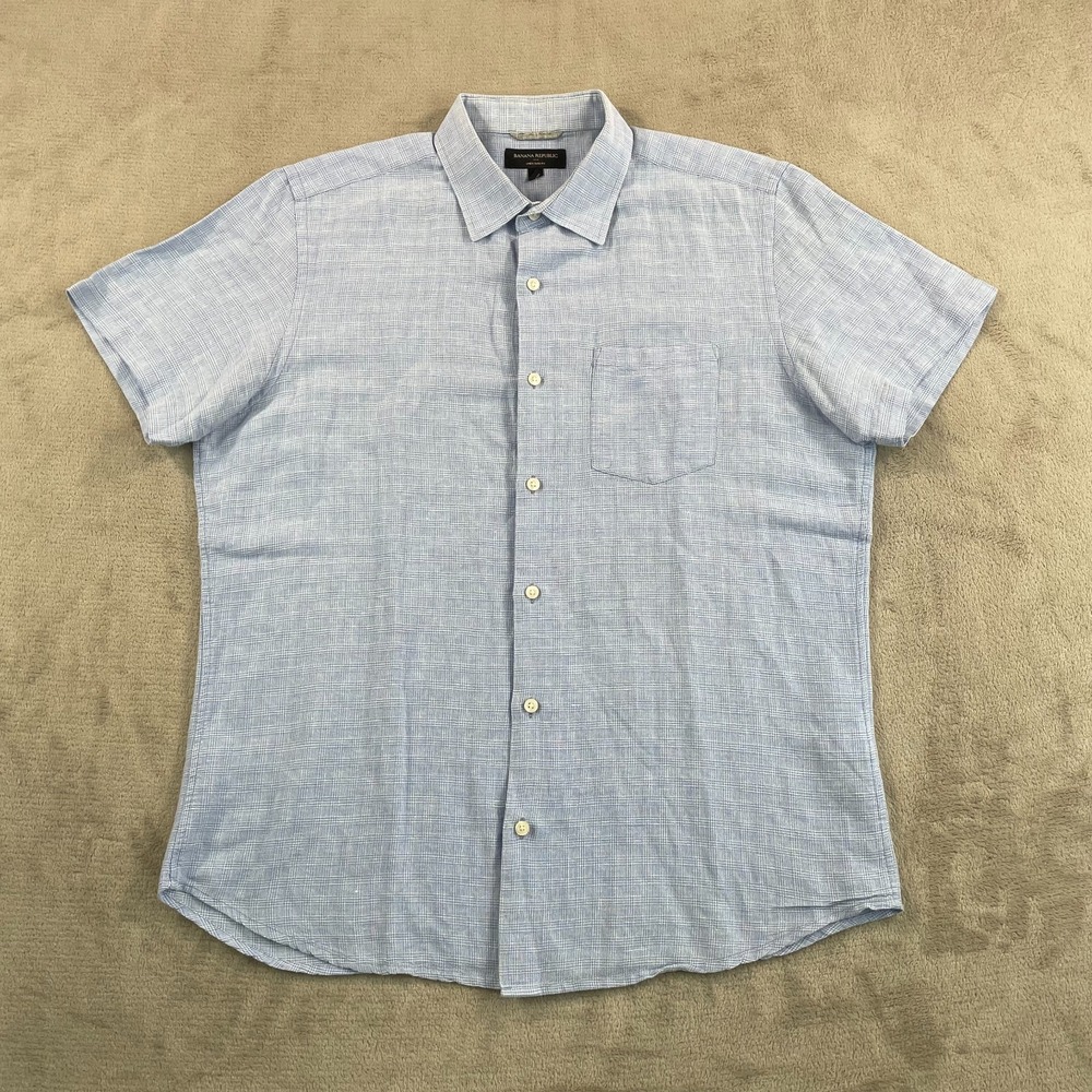 Banana Republic Slim Fit Shirt Men Large Blue Plaid Linen Blend Short Sleeve